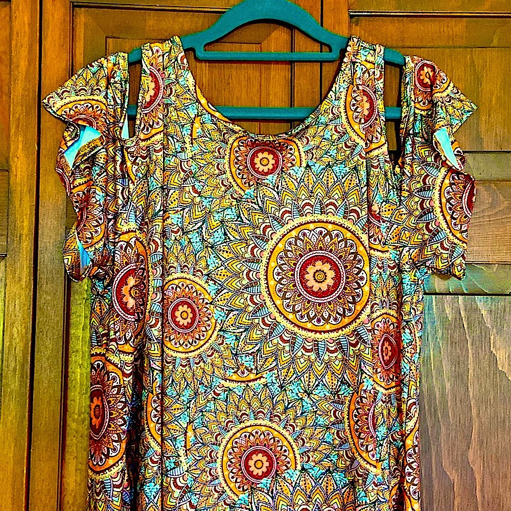 LAST CHANCE Mandala Cold Shoulder Midi Dress~XL-Loose & Flowy~Unbranded - Picture 3 of 7